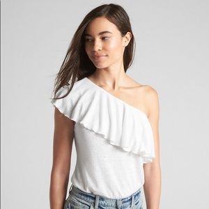 GAP White One Shoulder Ruffle Linen Blend Top - Sm